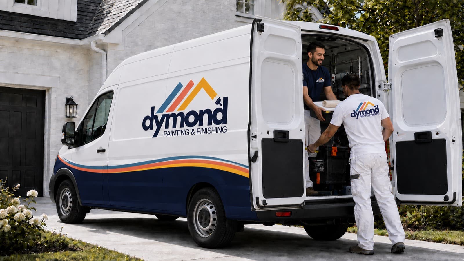 Two painters loading equipment into their branded work van in a residential driveway