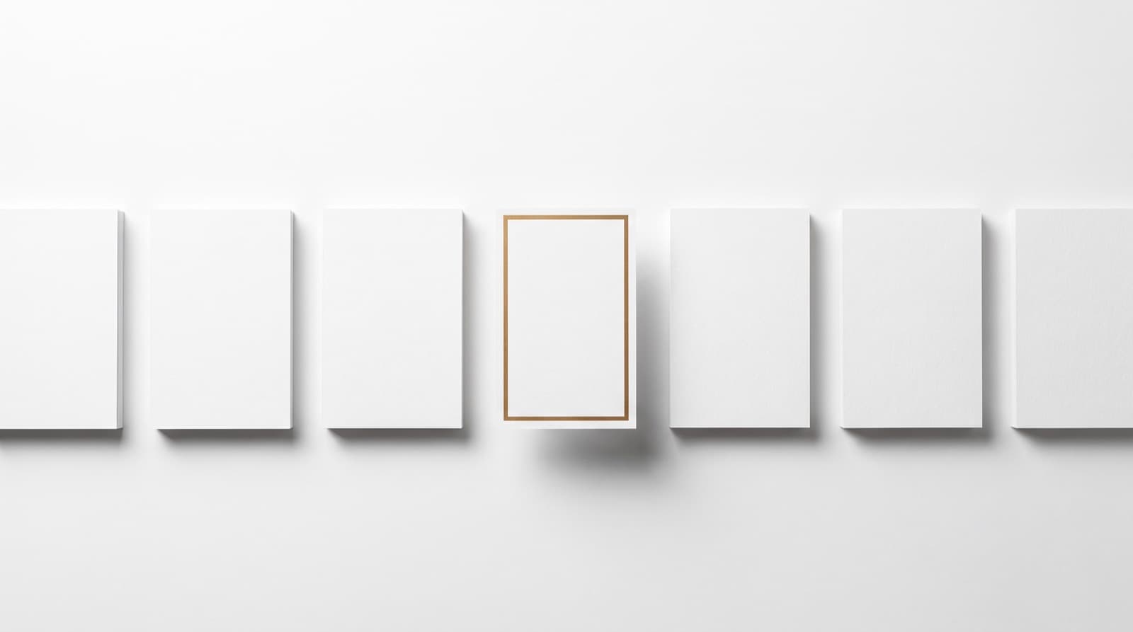 A row of blank white cards with a single gold-edged card stepped forward out of the line
