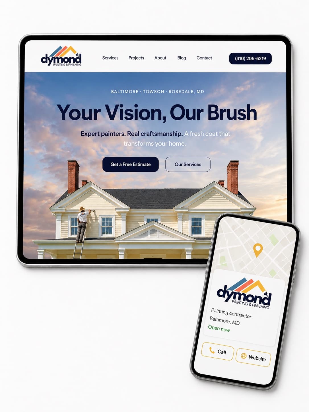 The Dymond Painting website on a tablet beside its Google Business Profile listing on a phone