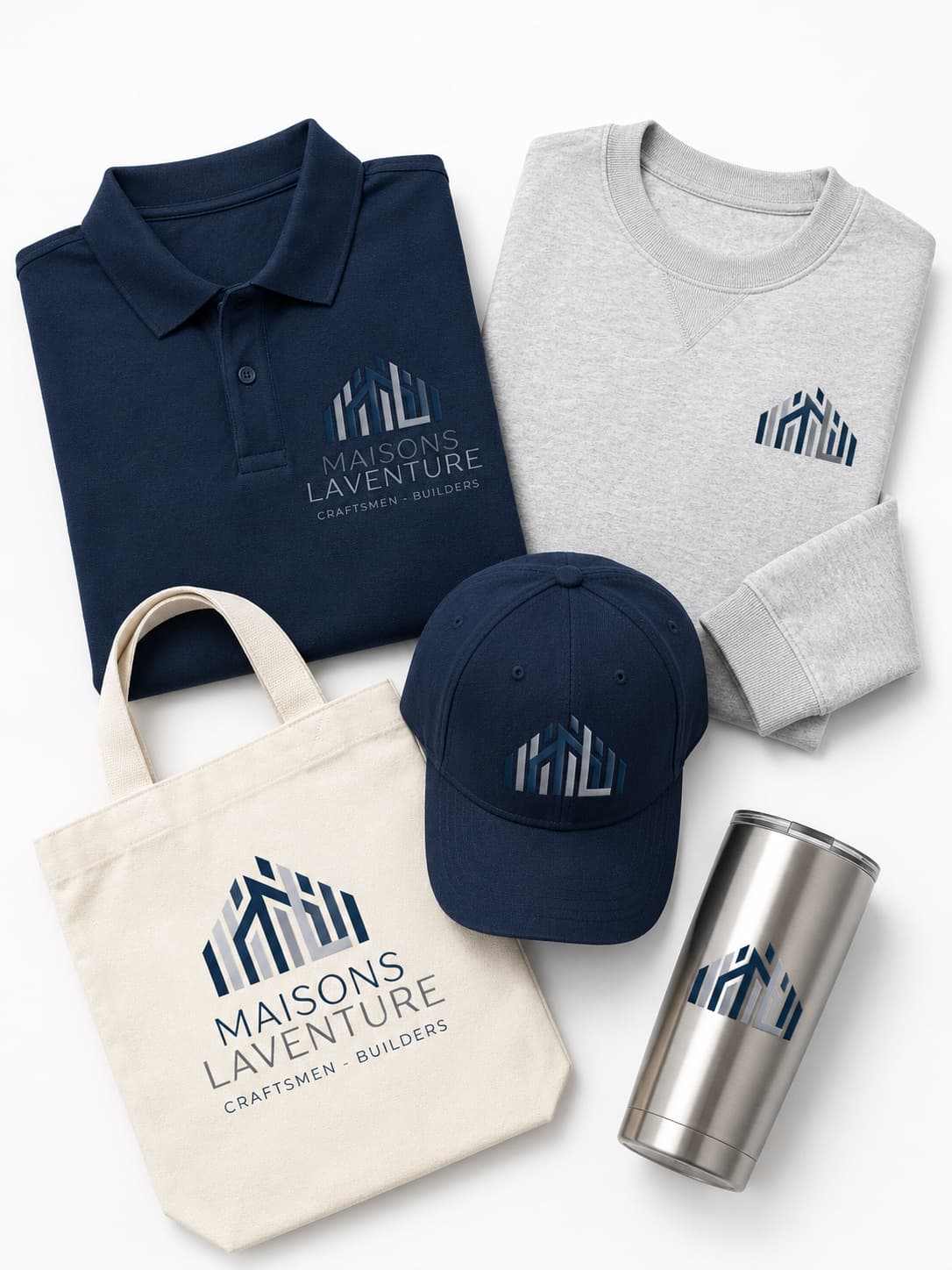 Maisons Laventure branded polo, sweatshirt, cap, tote and tumbler laid out together