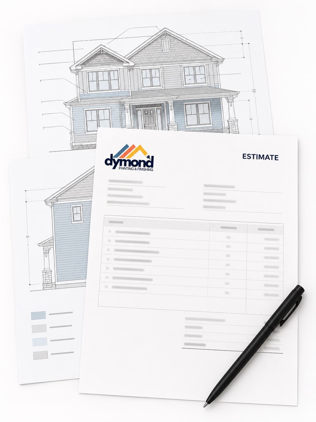 A Dymond Painting estimate resting on house elevation drawings, pen alongside