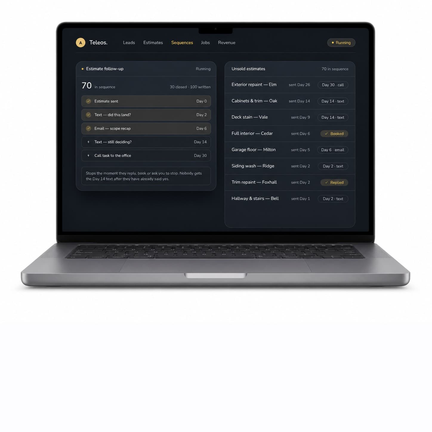 A laptop showing the Teleos estimate follow-up sequence and its queue of unsold estimates