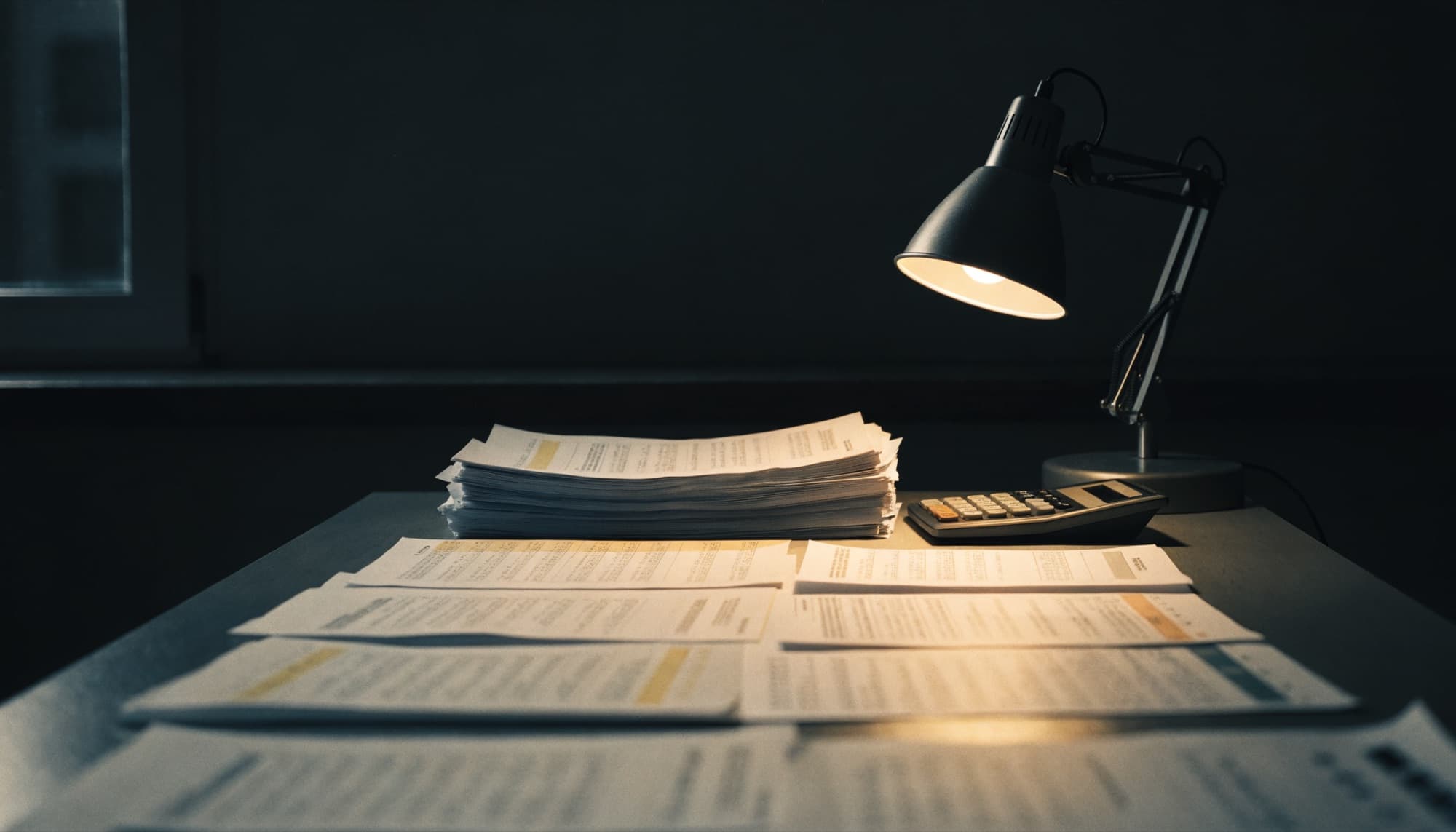 An accountant's desk at night with documents and a single lamp
