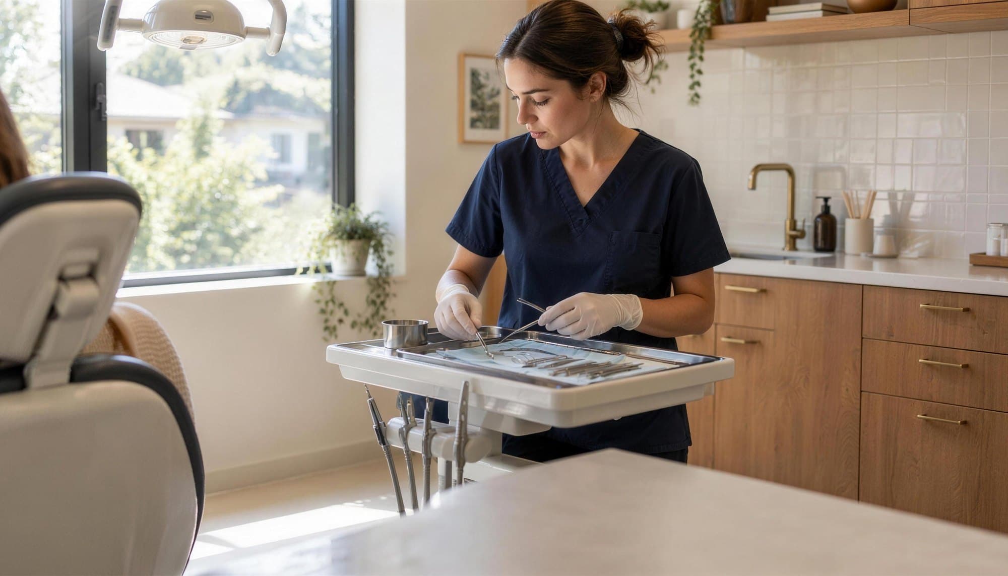 A modern dental operatory at rest in low moody light
