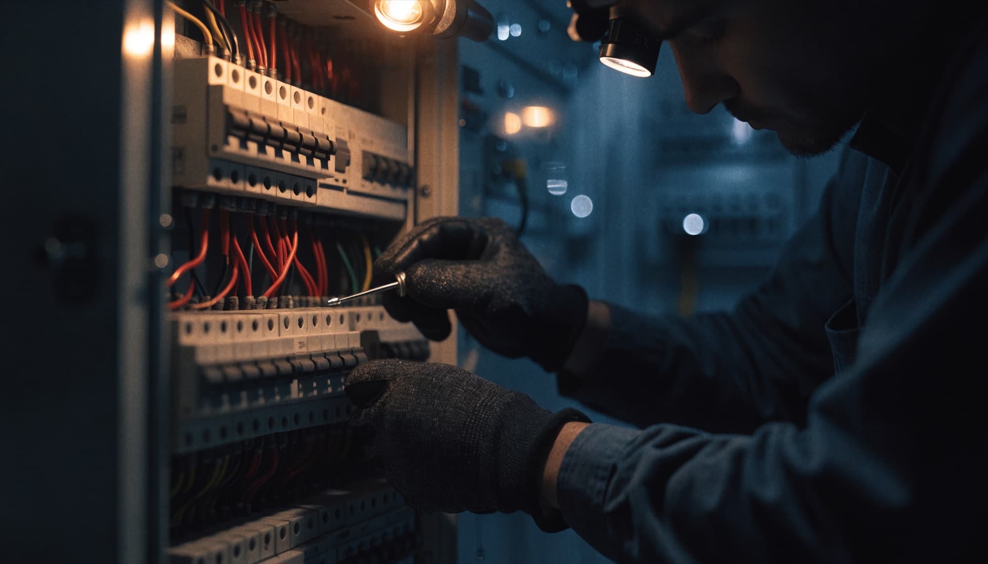 Electrician working inside an open residential electrical panel