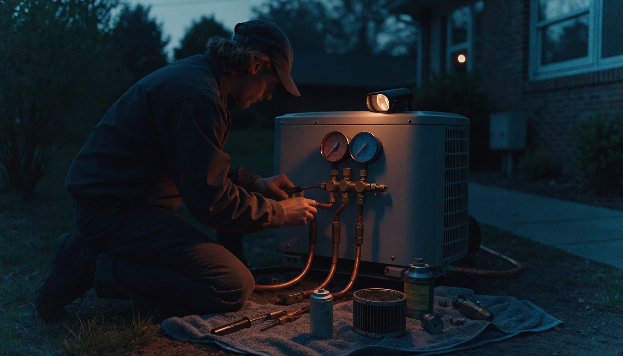 HVAC technician servicing an outdoor condenser unit at blue hour