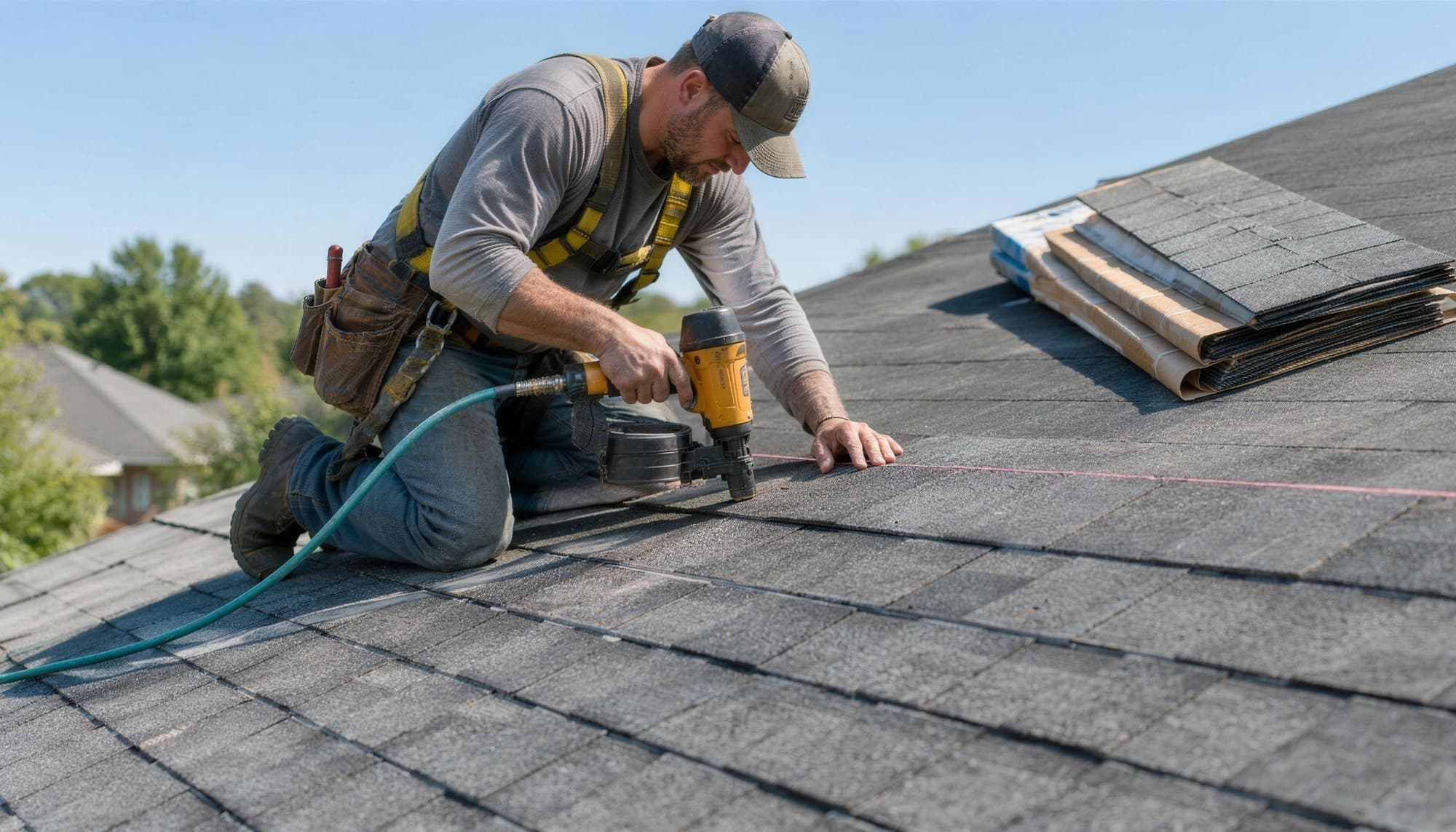 Roofers installing shingles on a steep roof at golden hour