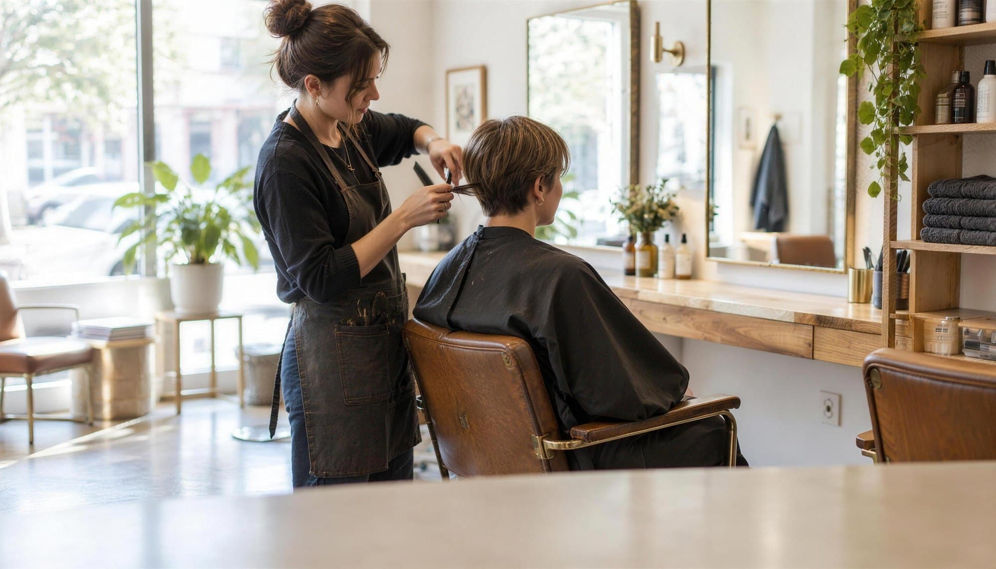 A salon interior in warm daylight, a stylist finishing a client's cut
