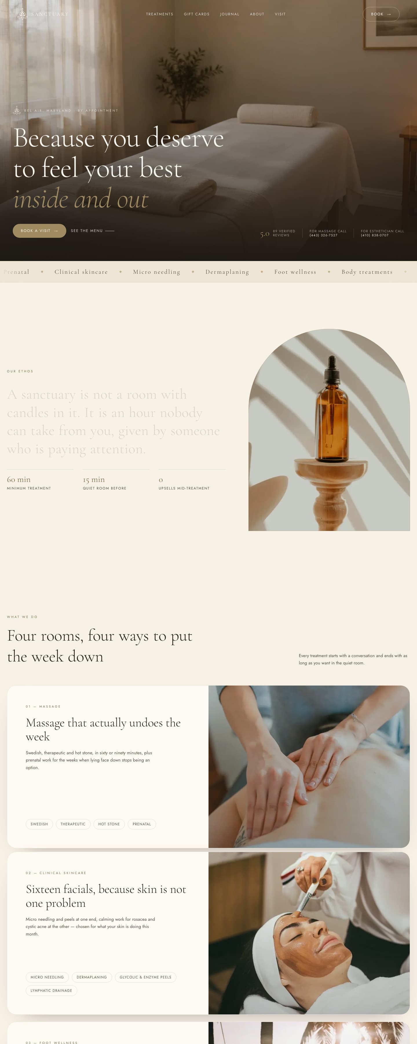 The Sanctuary Wellness homepage: a quiet treatment room behind the line Because you deserve to feel your best, inside and out