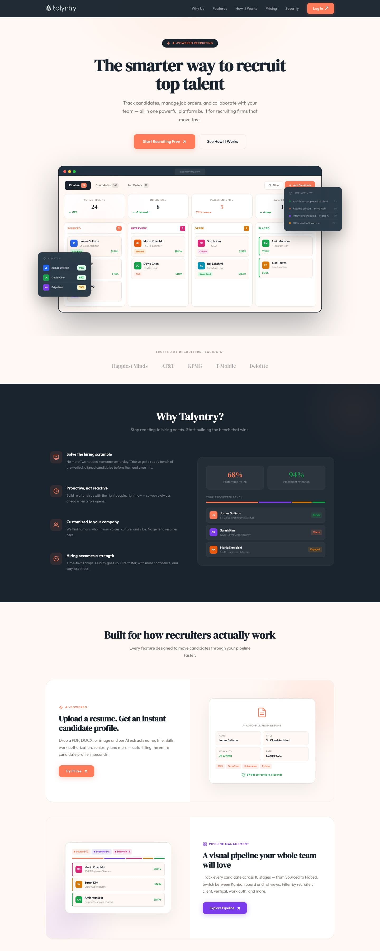 The Talyntry landing page, showing the recruiting pipeline product