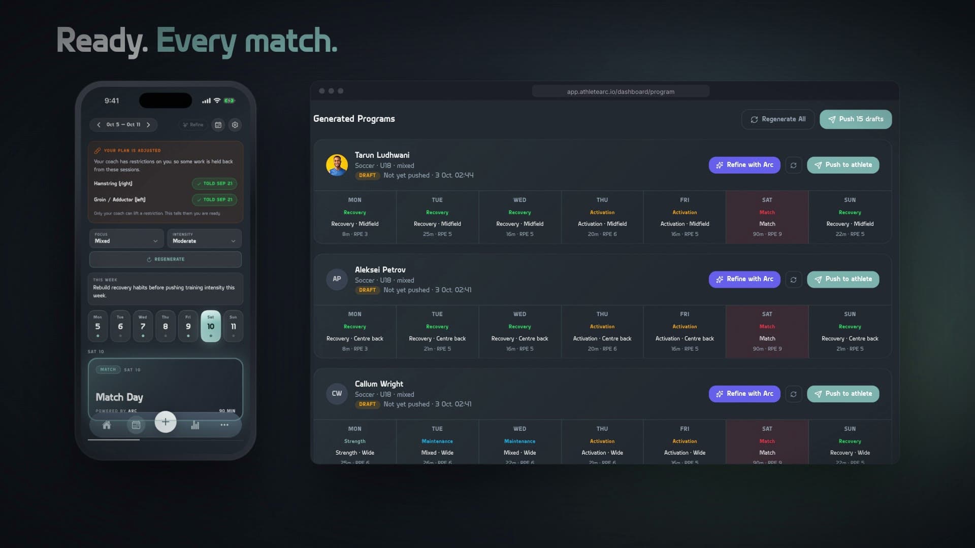 Athlete Arc on an iPhone and in a browser: an athlete's match-week plan beside the coach's generated programs