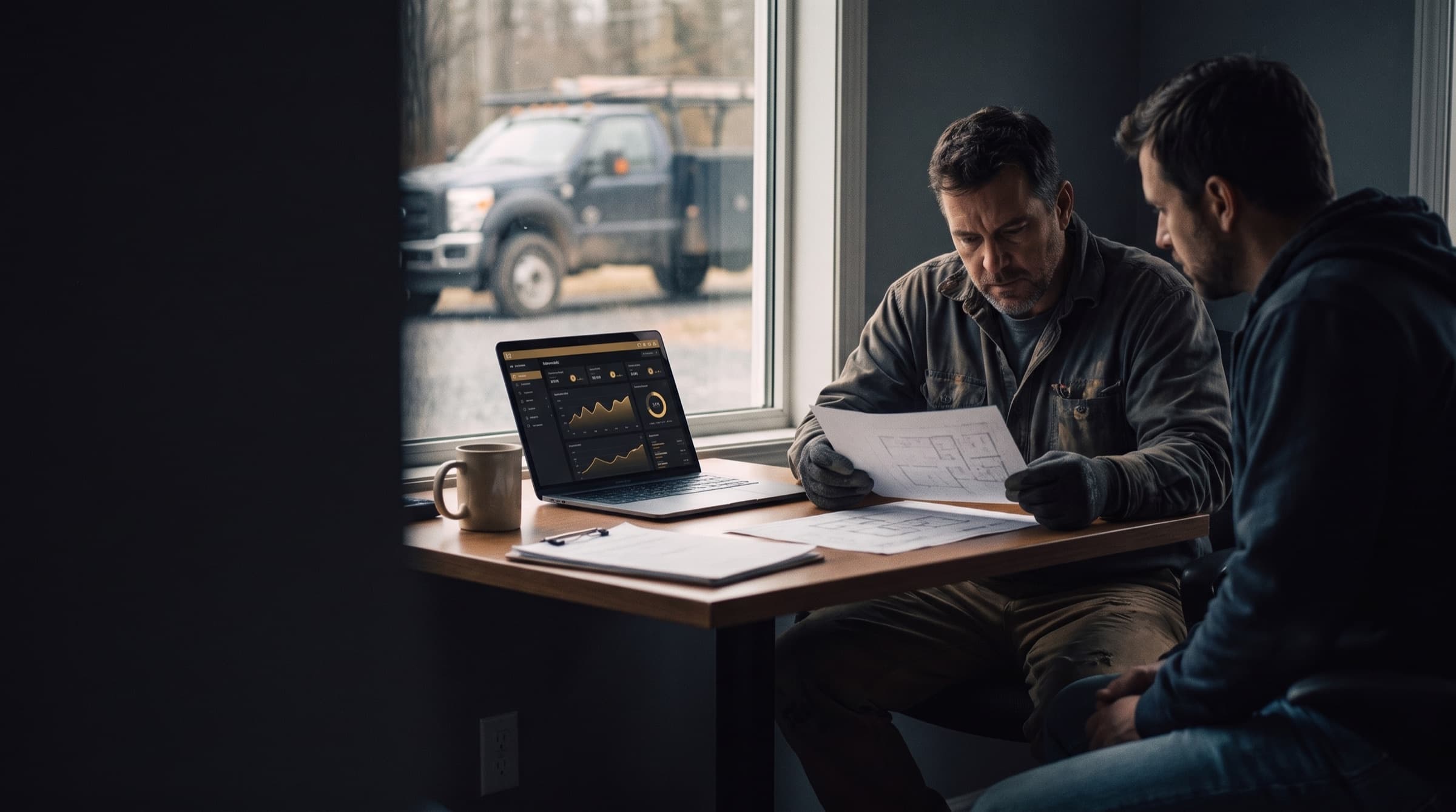 A contractor and a Teleos consultant reviewing a one-page plan at a desk in a Maryland trades office, a work truck outside the window