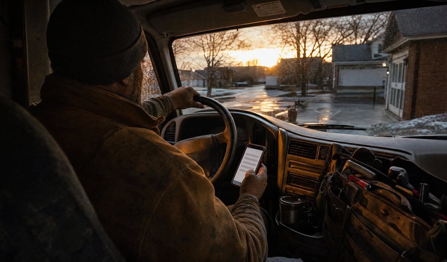 An HVAC contractor checks his phone in his work van at sunrise before the first job