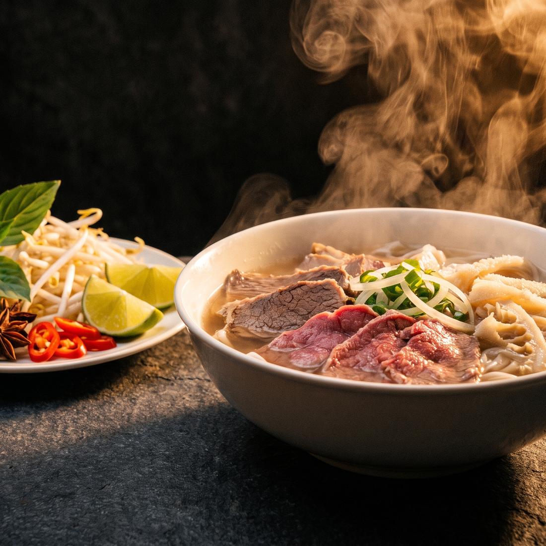 A bowl of pho with steam rising